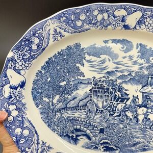 1970s VTG Large Sanyei Blue/White Oval Platter Cottage Carriage Coach Horse